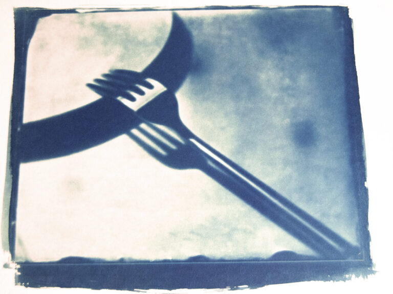 analogue cyanotype image depicting a fork