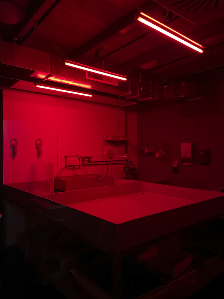 A picture of a darkroom in typical red safelight